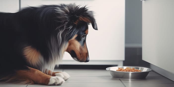 Cute Sheltie Dog At Home Looks Longingly At Food Bowl On The Floor