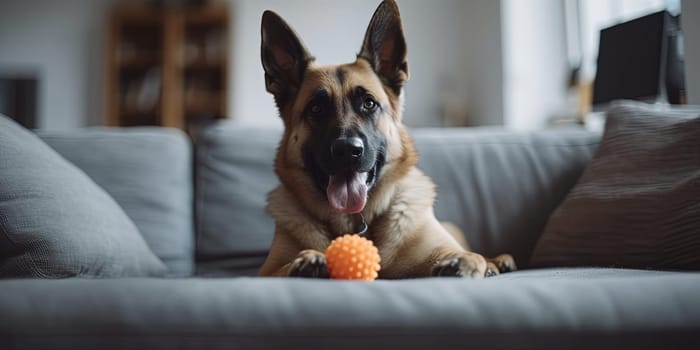 Playfull German Shepherd lying on the couch with a ball , close-up