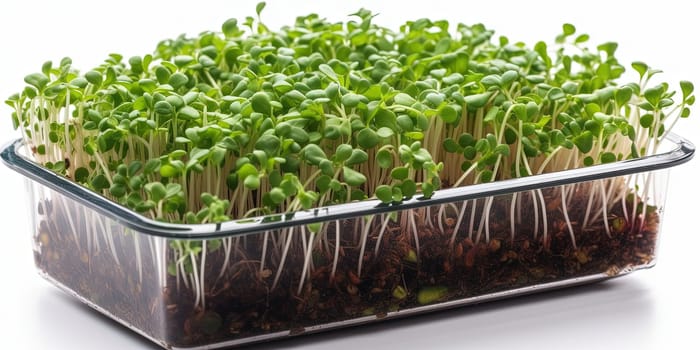 Growing healthy organic micro green sprouts in plastic container isolated on white, close up view