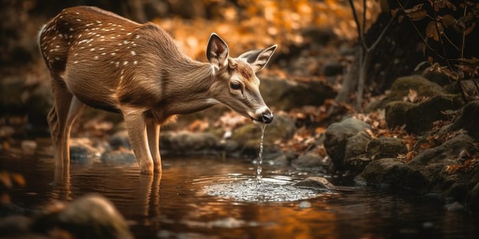 Young Deer Drinks Water From Puddle In The Forest, Animal In Natural Habitat