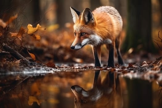 Red Fox By Puddle Of Water In Autumn Forest, Animal In Natural Habitat
