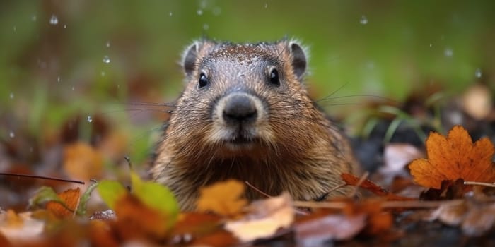 Muzzle Of Beaver In Autumn Pond In The Forest, Animal In Natural Habitat