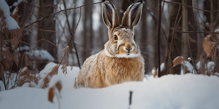 Big Grey Wild Hare In The Snow In Winter Forest, Animal In Natural Habitat