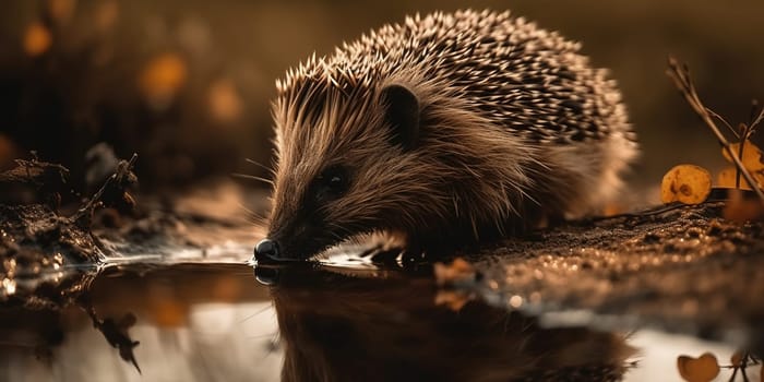Wild Hedgehog Drinks Water From The Puddle In The Forest, Animal In Natural Habitat