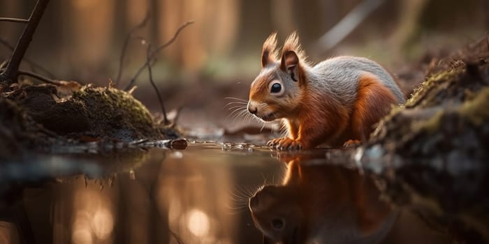 Cute Young Squirrel Over Puddle Of Water In Autumn Forest, Animal In Natural Habitat