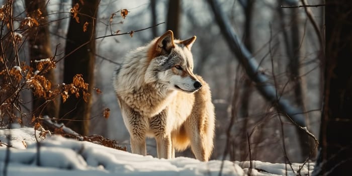 Big Wild Wolf Hunting In The Forest In Winter, Animal In Natural Habitat