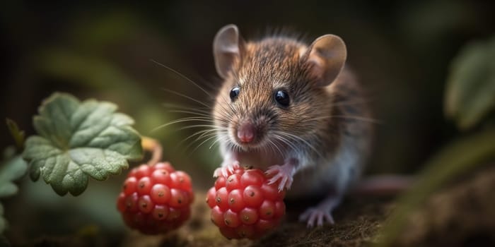 Wild Grey Mouse Eating Raspberry In The Forest, Animal In Natural Habitat