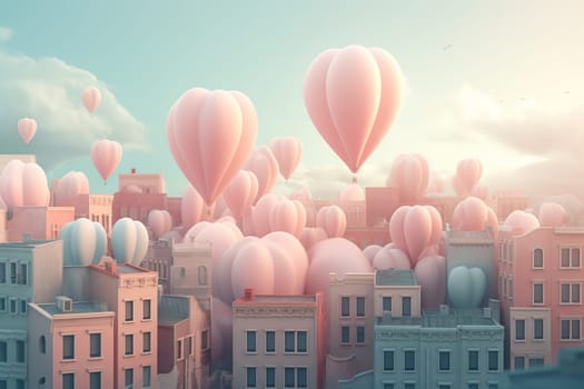 Cartoon City With Big Hot Air Balloons In The Sky, Valentine'S Day Concept