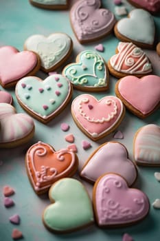 Gingerbreads In Heart Shape With Sweet Glaze In Pastel Colors, Valentine'S Day Concept