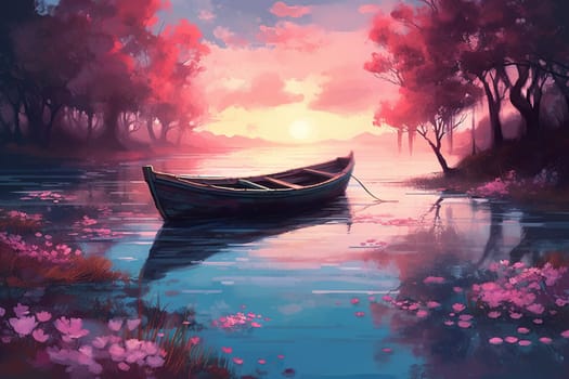 Amazing Painting Illustration Landscape With Boat In River In Vivid Pink And Violet Colors