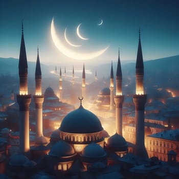 An aerial view of a city with a traditional mosque surrounded by twinkling stars, signifying the start of Ramadan by the gentle glow of only one crescent moon. Happy ramadan, ramadhan, ramazan. High quality photo