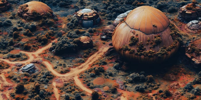 A breathtaking digital artwork of a transformed Mars settlement in the future, showcasing domed habitats, terraforming machinery, and abundant greenery changing the red planet into a livable world.