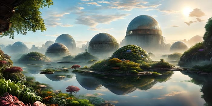 Vibrant biodome city on alien planet. diverse ecosystems, artificial, bioengineered. A futuristic oasis teeming with life innovation.