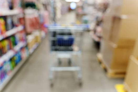 Blurry Shopping Cart in Store, selective focus. Shopping at the hypermarket