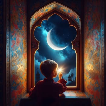 A cute child observing the crescent moon through an ornate window, with reflections of the night sky in his eyes. Last of Happy ramadan, ramadhan, ramazan. High quality photo