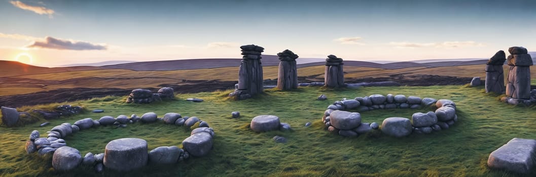 A mysterious and ancient stone circle nestled in a remote moorland, with the setting sun casting long shadows over the weathered monoliths