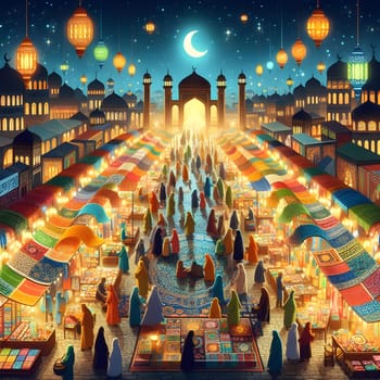 A bustling Ramadan night market scene with vibrant stalls selling colorful fabrics, sweets, and lanterns. Happy ramadan, ramadhan, ramazan . High quality photo