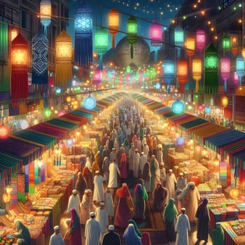 A bustling Ramadan night market scene with vibrant stalls selling colorful fabrics, sweets, and lanterns. Happy ramadan, ramadhan, ramazan . High quality photo