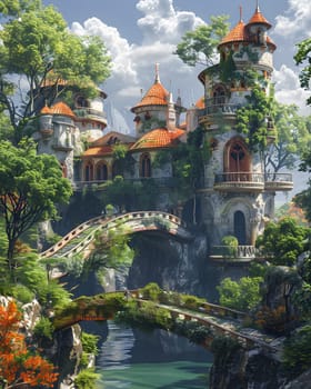 A picturesque castle sits amidst lush trees, with a charming bridge crossing over a tranquil river. The stunning natural landscape is complemented by the cloudfilled sky
