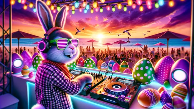 A DJ Easter Bunny with neon sunglasses spins records at a beach party with Easter eggs and decorations on the DJ booth, as the sun sets in the background. High quality photo