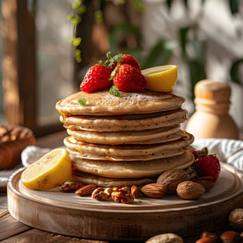 A delicious dish of pancakes topped with fresh strawberries and lemon slices, served on a rustic wooden tray, perfect for a delightful breakfast or brunch