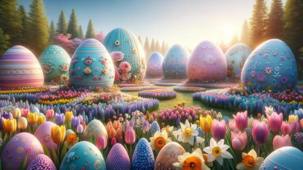 A magical landscape filled with oversized, intricately decorated pastel Easter eggs nestled among a field of vibrant spring flowers under a clear blue sky. High quality photo