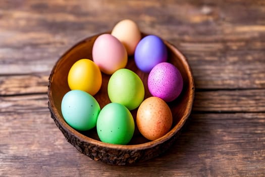 Vibrant Easter Eggs. A close-up image of colorful and intricately decorated Easter eggs arranged in a beautiful pattern on a rustic wooden background, emphasizing the unique designs and textures.