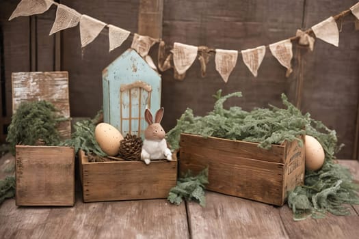 Rustic Easter Charm. A rustic vignette featuring weathered wooden crates, burlap accents, and vintage-inspired Easter decorations like metal bunny silhouettes or distressed signage, evoking a sense of nostalgia and country charm.