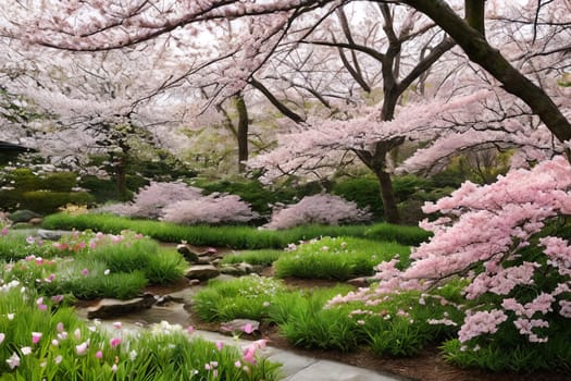 Springtime Botanicals. A collection of botanical elements associated with Easter, cherry blossoms, arranged in a harmonious composition that celebrates the beauty of nature's seasonal renewal.