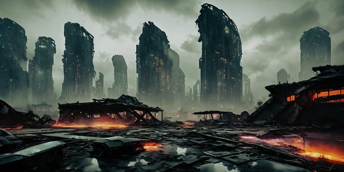 Ruins of a Futuristic Society. Futuristic buildings in ruins, featuring crumbling high-tech architecture, holographic signs flickering, and remnants of advanced technology scattered around.