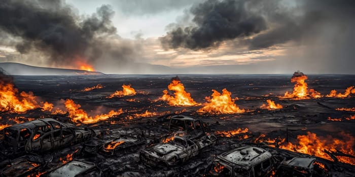 Devastated Landscapes. Disaster with scorched earth, smoldering wreckage, and a bleak atmosphere that conveys the destruction that occurred.