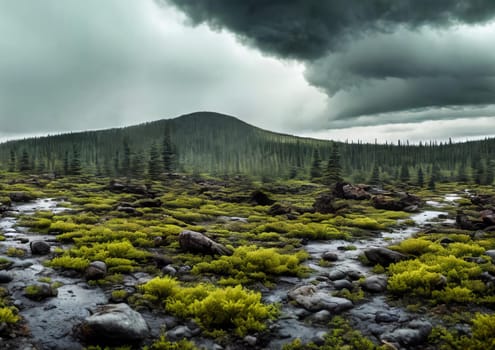Post-nuclear Wilderness. Landscape transformed by nuclear fallout, featuring mutated flora, eerie rock formations, and a toxic sky tinged with ominous hues.