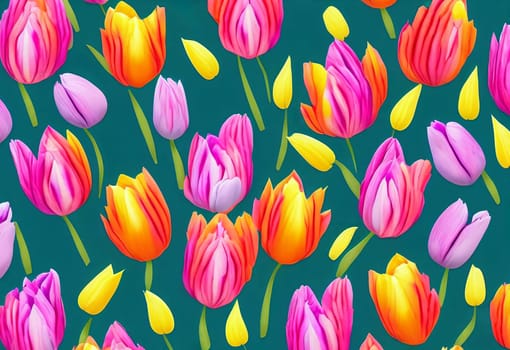 Vibrant spring-themed background featuring a variety of colorful tulips arranged in a visually appealing pattern. Panorama