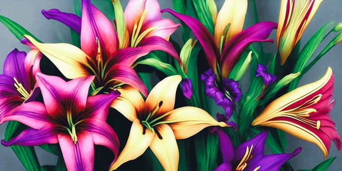 Beauty of symmetry by arranging an assortment of vibrant lilies in a geometric pattern. Panorama