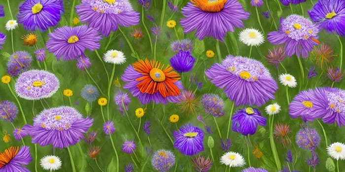 Whimsical and enchanting background using a blend of wildflowers such as dandelions, lavender, and poppies. Panorama