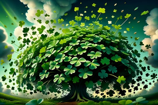 Abstract green background for St. Patrick's Day, decorated with shamrock leaves. AI generated image.