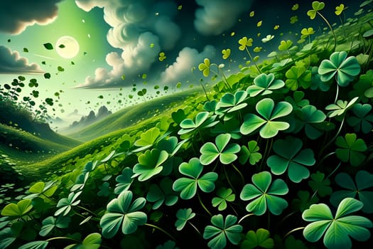 Abstract green background for St. Patrick's Day, decorated with shamrock leaves. AI generated image.