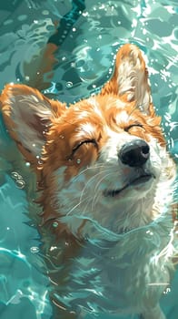 A carnivorous organism of the dog breed, the corgi, is swimming in a pool with its eyes closed. This fawn companion dog has a short snout with whiskers, enjoying the natural landscape