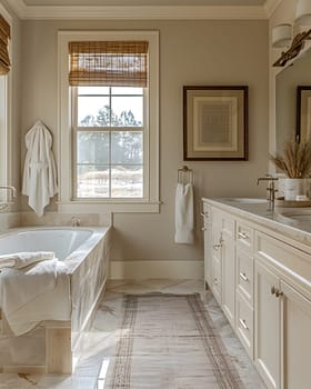 This building features a bathroom with a rectangle bathtub, sink, mirror, and window. The interior design includes cabinetry, wood fixtures, and lighting