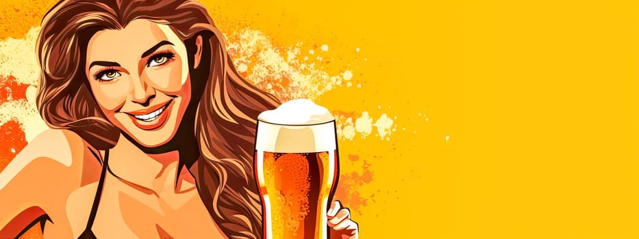 Radiant Woman with Beer on Yellow Background, copy space