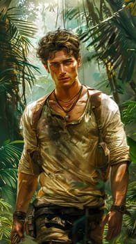 Adventurous Man in Jungle Environment with Rugged Outfit.