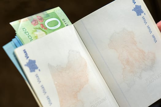 Open French passport with Euros inside on neutral colored background. Concept of international travel from France for vacation, holiday, business, trade, investment and finance. Closeup selective focus high quality photo