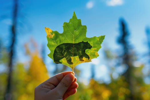 nature art of leaf carved into animal shape showing concept of sustainability and environmental conservation. aigx04