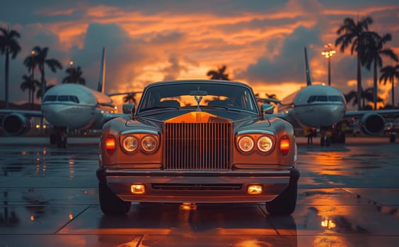 A Rolls Royce car stands next to two airplanes at an airport with the sunset creating a beautiful sky backdrop. The vehicles hood shines under the colorful clouds and water reflections