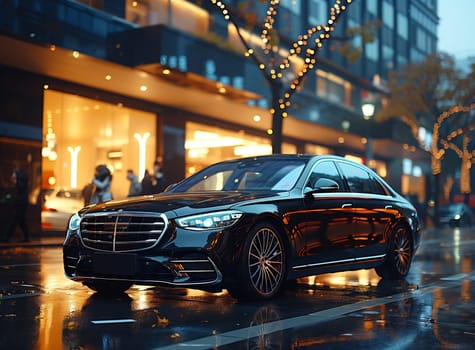 A black Mercedes Benz car is parked on a wet city street, showcasing its sleek automotive design with its grille, hood, alloy wheels, and automotive lighting