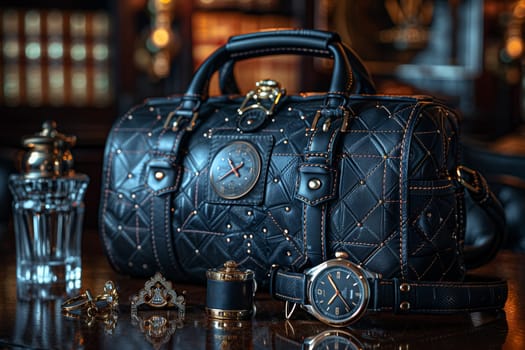 An automotive tire and automotive lighting are on display next to a sleek black purse and elegant watch on the table at an automotive design event