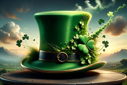 Abstract green background for St. Patrick's Day, hat decorated with shamrock leaves. AI generated image.