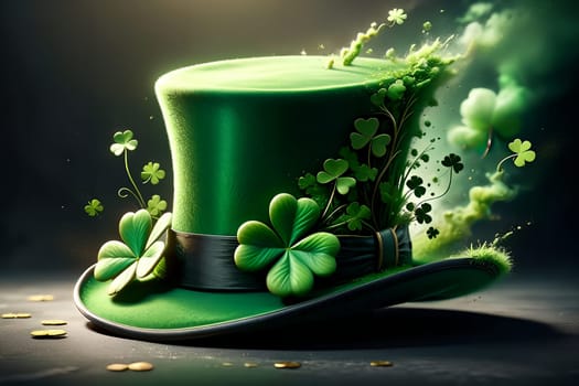 Abstract green background for St. Patrick's Day, hat decorated with shamrock leaves. AI generated image.