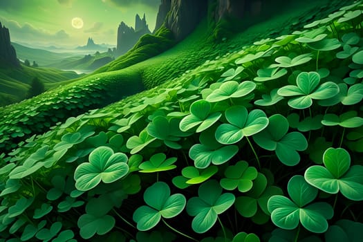 Abstract green background for St. Patrick's Day, decorated with shamrock leaves. AI generated image.