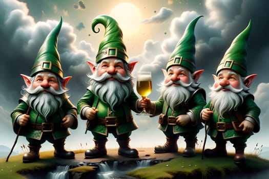 St. Patrick postcard, gnomes dressed for the holiday. AI generated image.